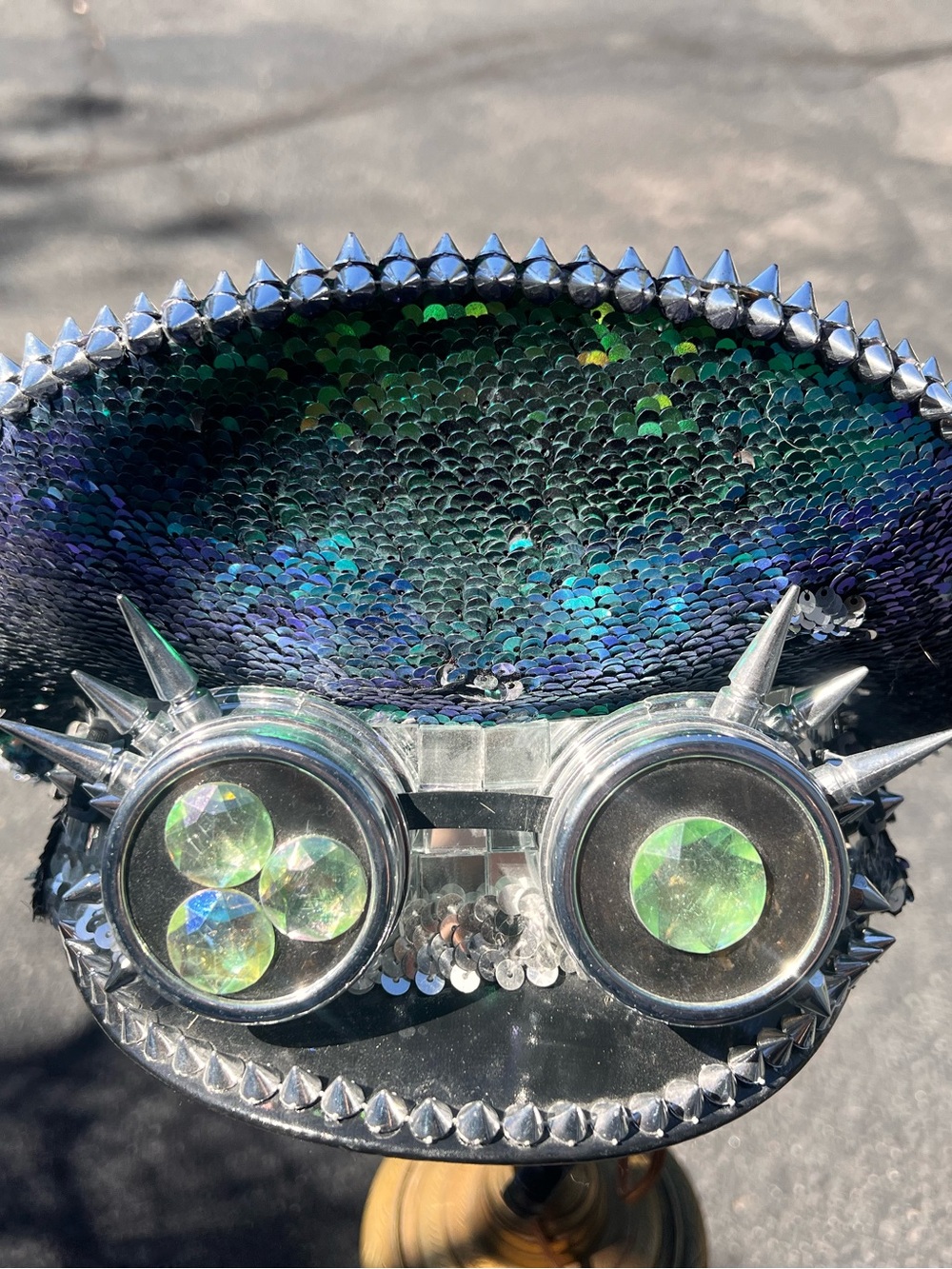 Iridescent Reversible Mermaid Burning Man Hat w Silver Spikes +Goggles